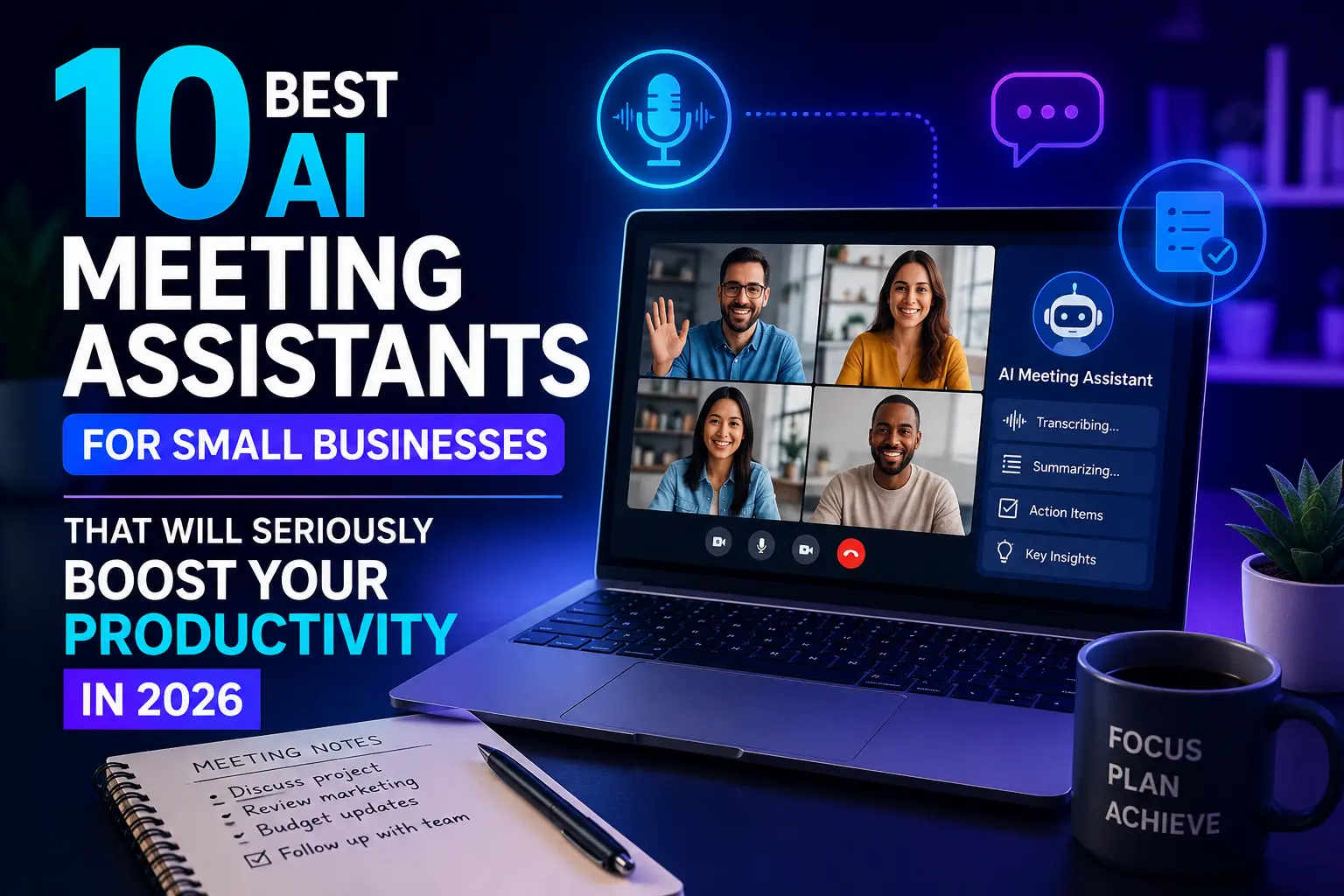 Featured image showing AI meeting assistants helping small businesses improve meeting productivity, transcription, summaries, and collaboration in 2026.
