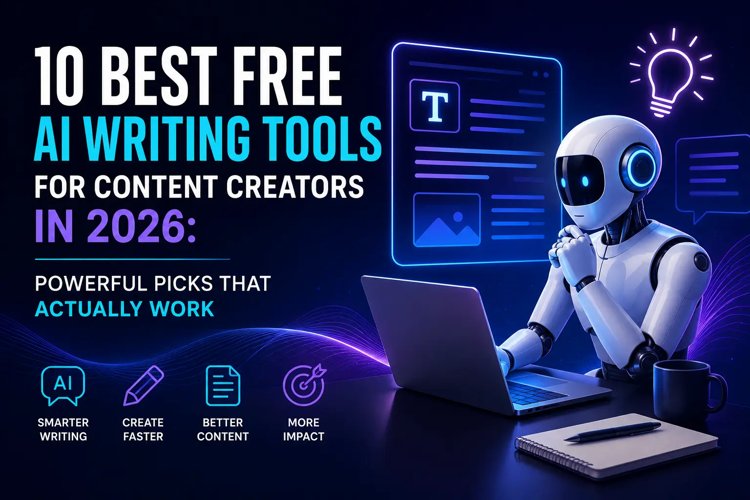 Futuristic AI assistant using a laptop showcasing the 10 best free AI writing tools for content creators in 2026 with a modern technology-themed background.
