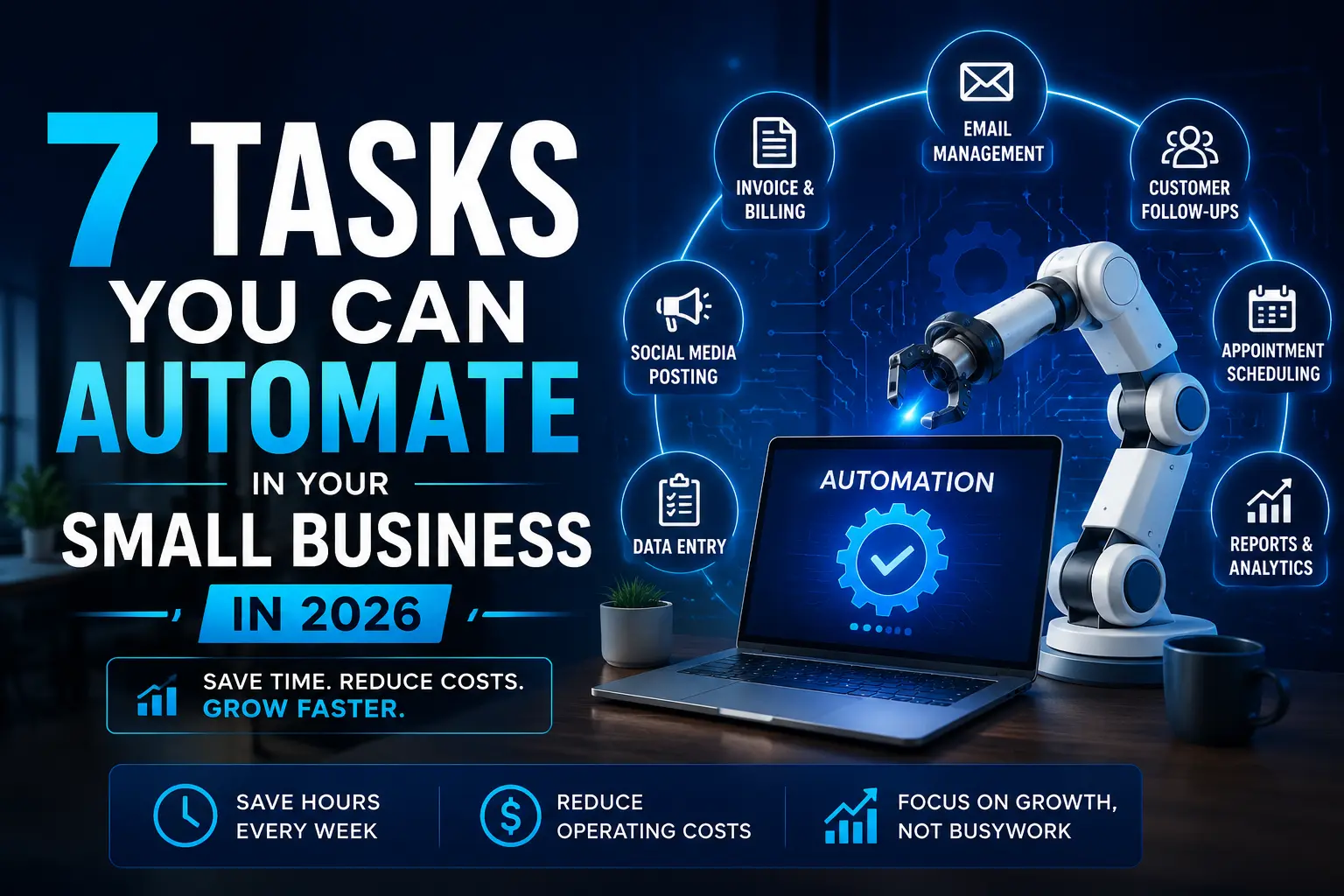 AI-powered automation illustration showing seven essential business tasks small businesses Automation can automate in 2026 to improve productivity, reduce costs, and increase efficiency.