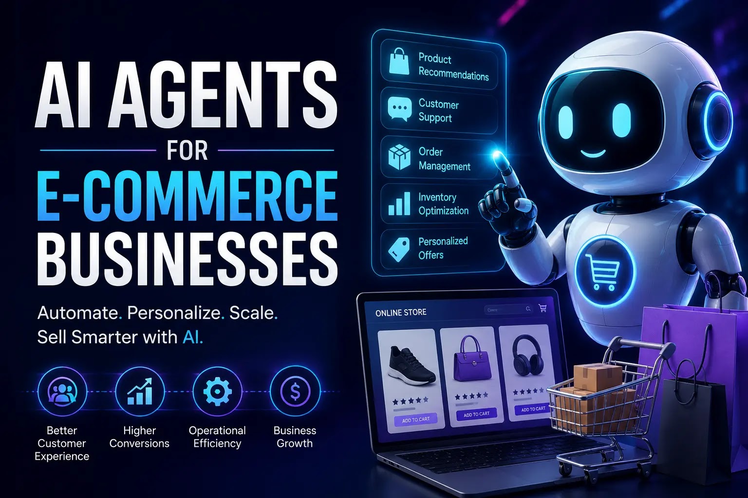 Using AI Agents for E-commerce, A digital retail store with autonomous AI agents managing inventory, sales, and retail support.