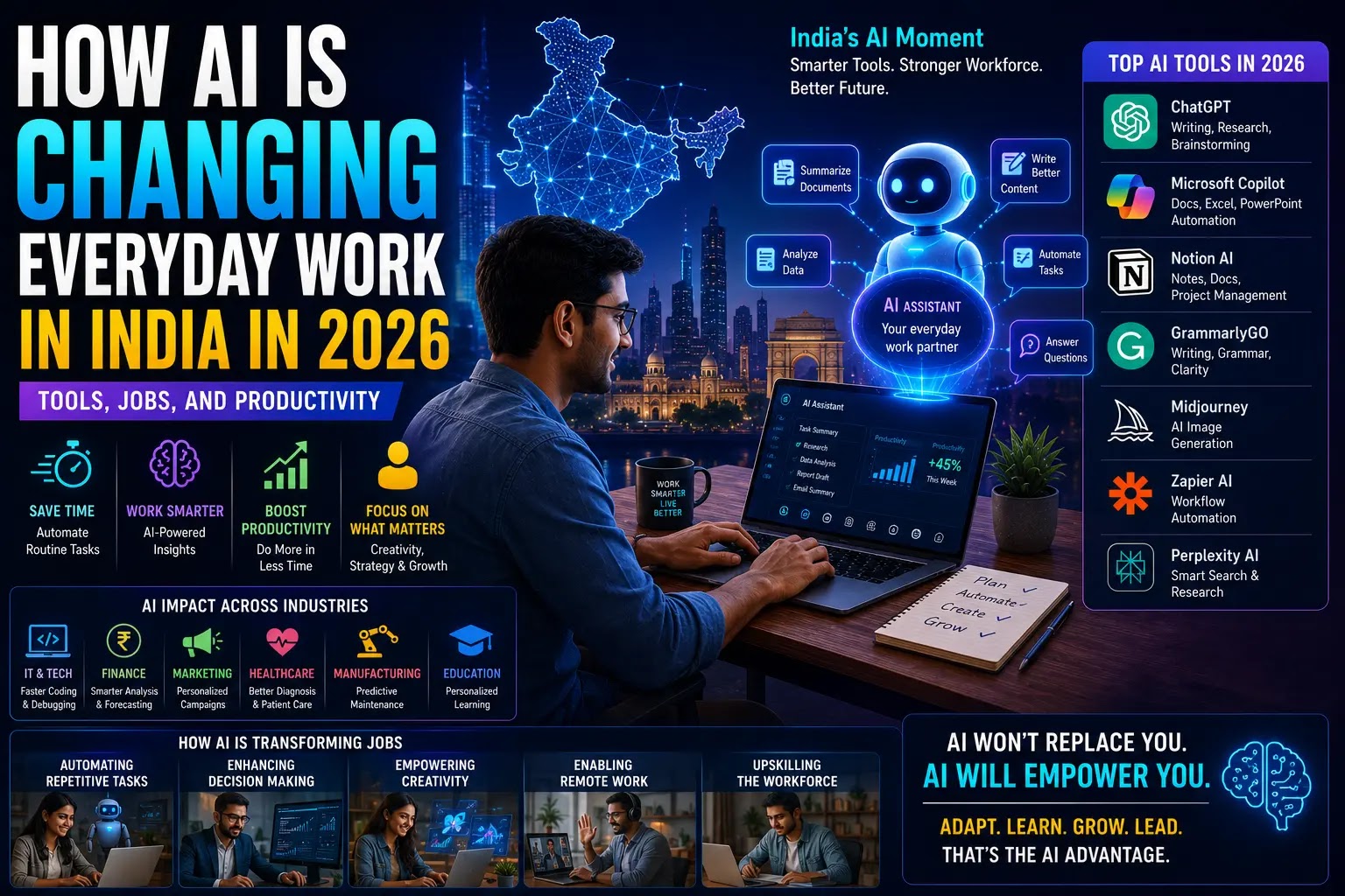 A conceptual graphic illustrating AI tools transforming everyday work and productivity in India.