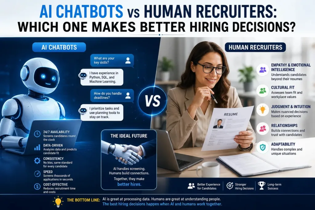 A scale balancing an AI Chatbots vs. Human Recruiters