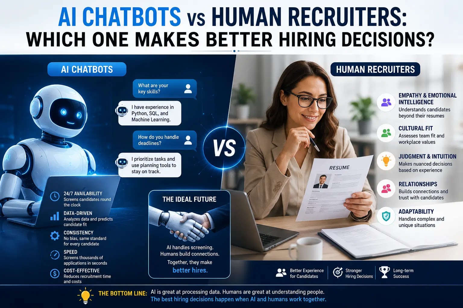 A scale balancing an AI chatbot interface against a human recruiter making hiring decisions.