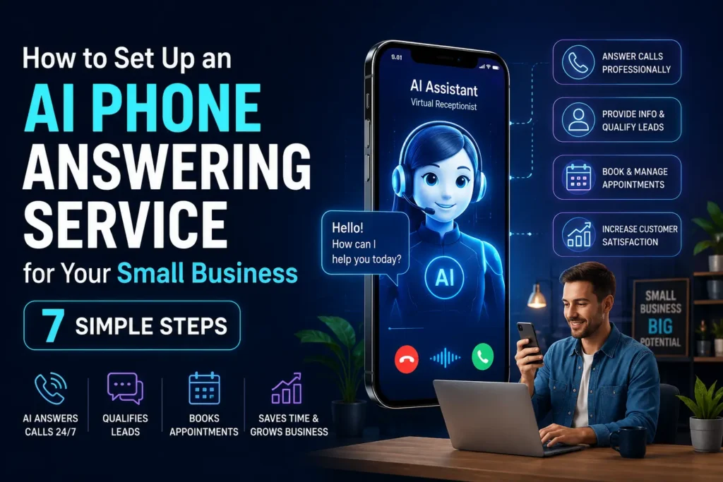 AI phone answering service helping a small business owner manage customer calls with an intelligent virtual receptionist.