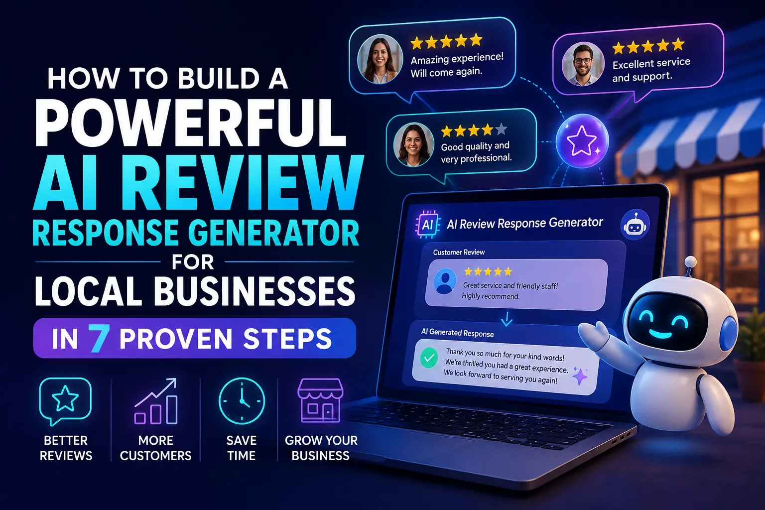 Featured image for a guide on building an AI review response generator for local businesses in seven proven steps, showing AI-powered customer review automation and business growth.
