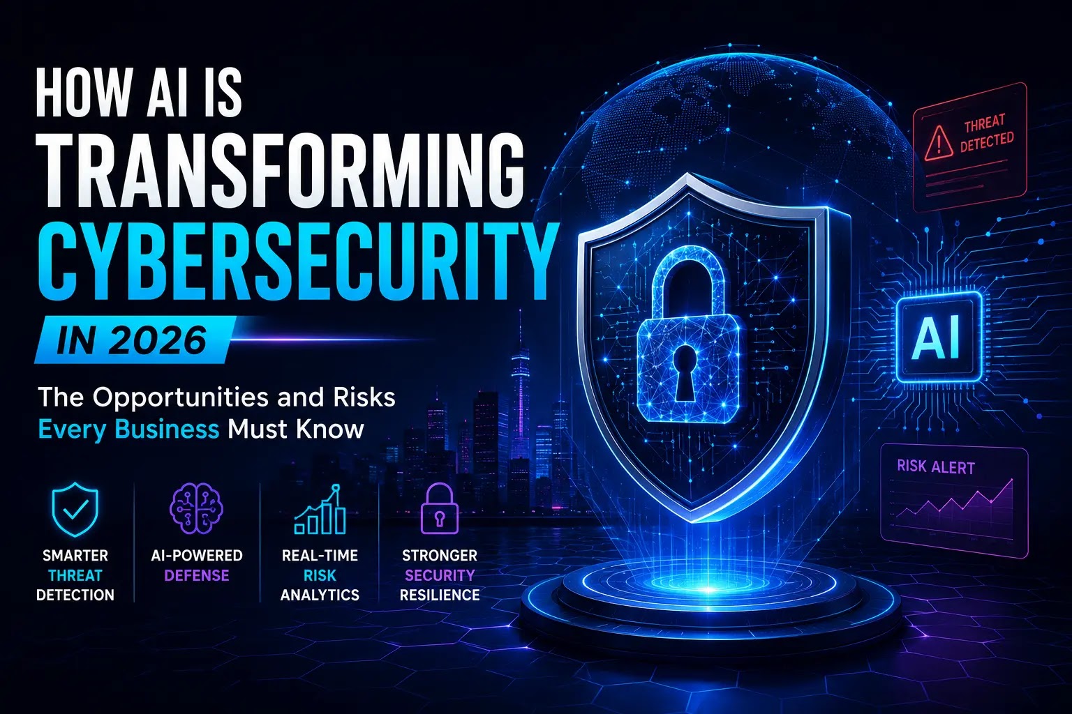 A digital security shield protecting data networks against advanced AI-driven cybersecurity threats.