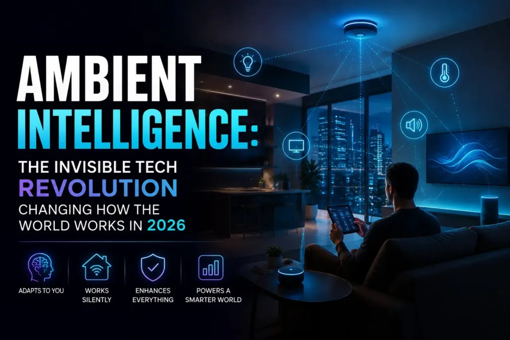 A smart, connected smart environment responding invisibly to human presence, demonstrating Ambient Intelligence.