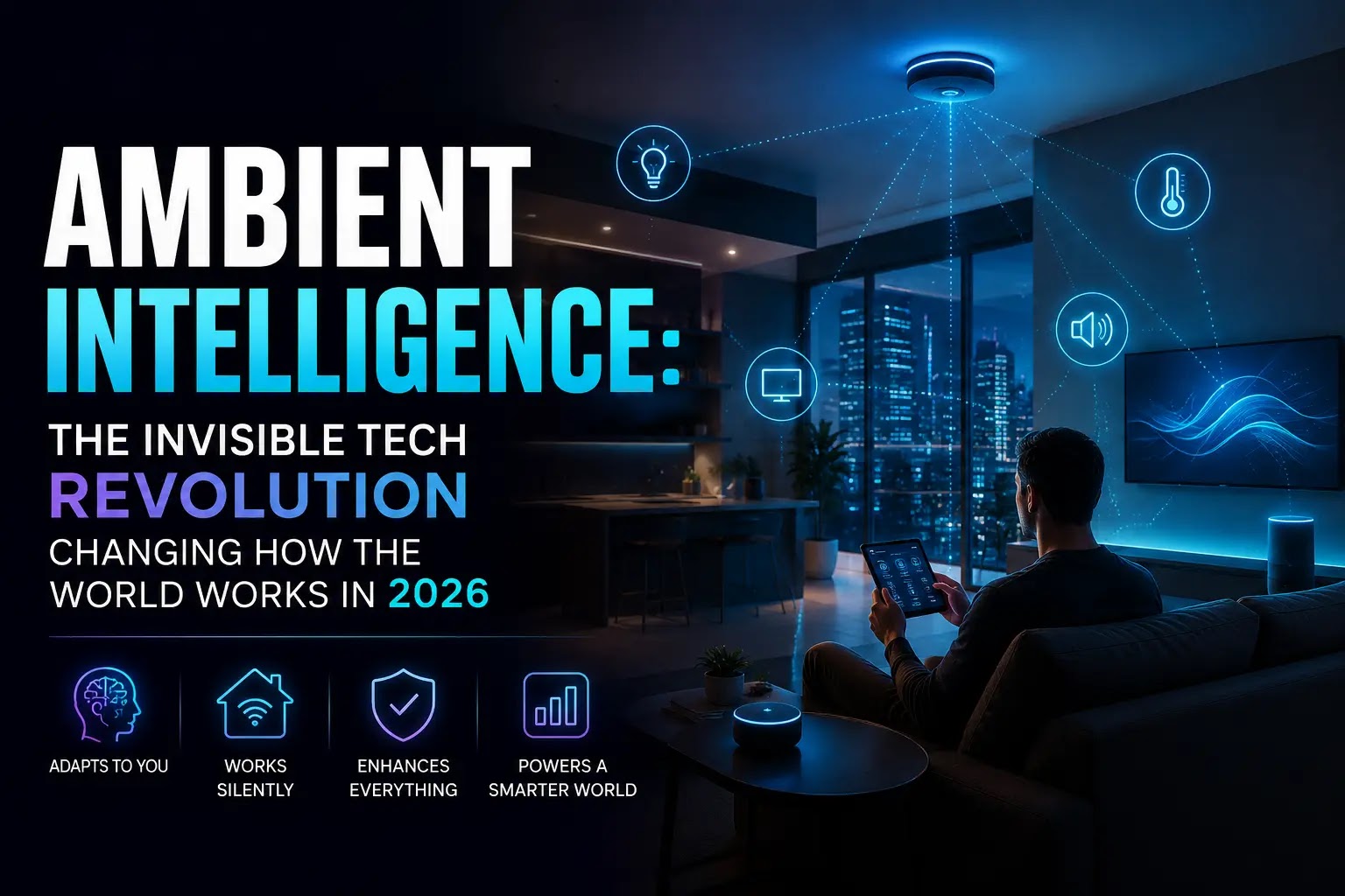 A smart, connected smart environment responding invisibly to human presence, demonstrating Ambient Intelligence.