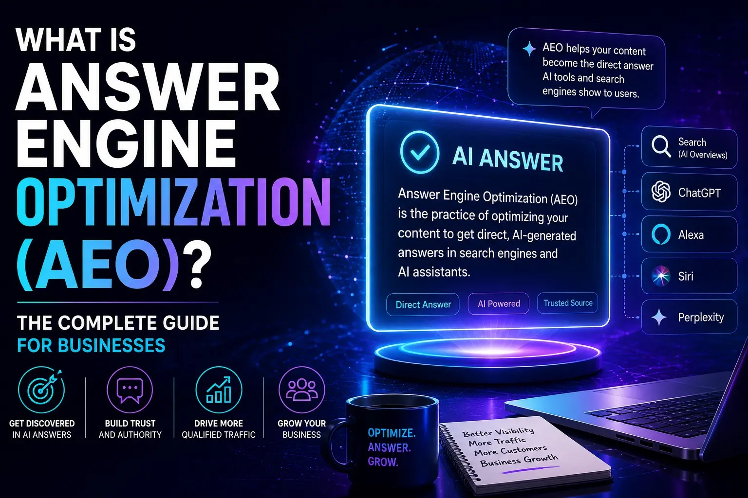 An SEO conceptual graphic highlighting Answer Engine Optimization (AEO) rules for AI-driven search engines.