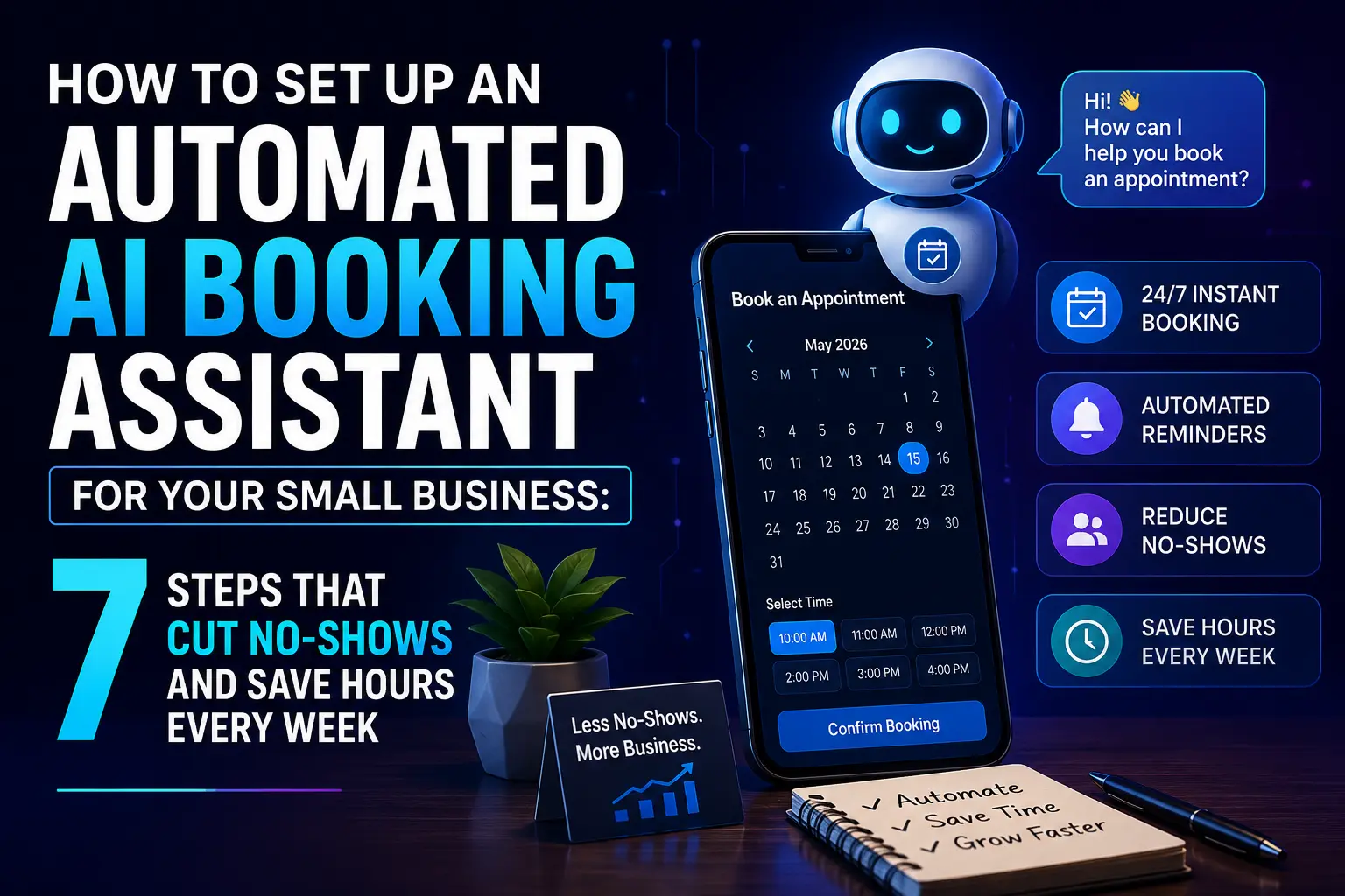 Automated AI booking assistant helping a small business manage appointments, reduce no-shows, send reminders, and save time with AI-powered scheduling.