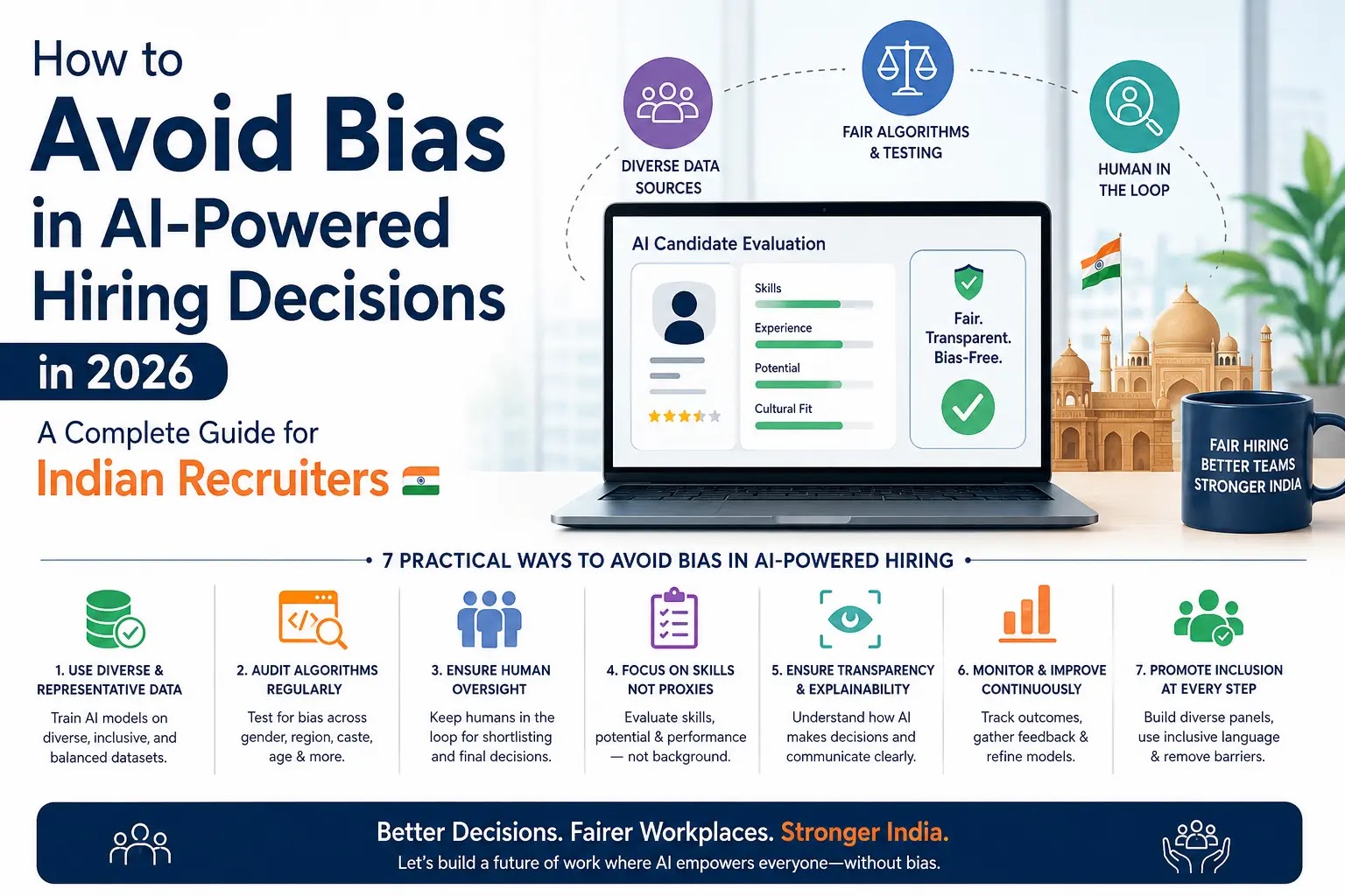A clean corporate graphic illustrating fair, unbiased AI Hiring Bias solutions for Indian recruiters.