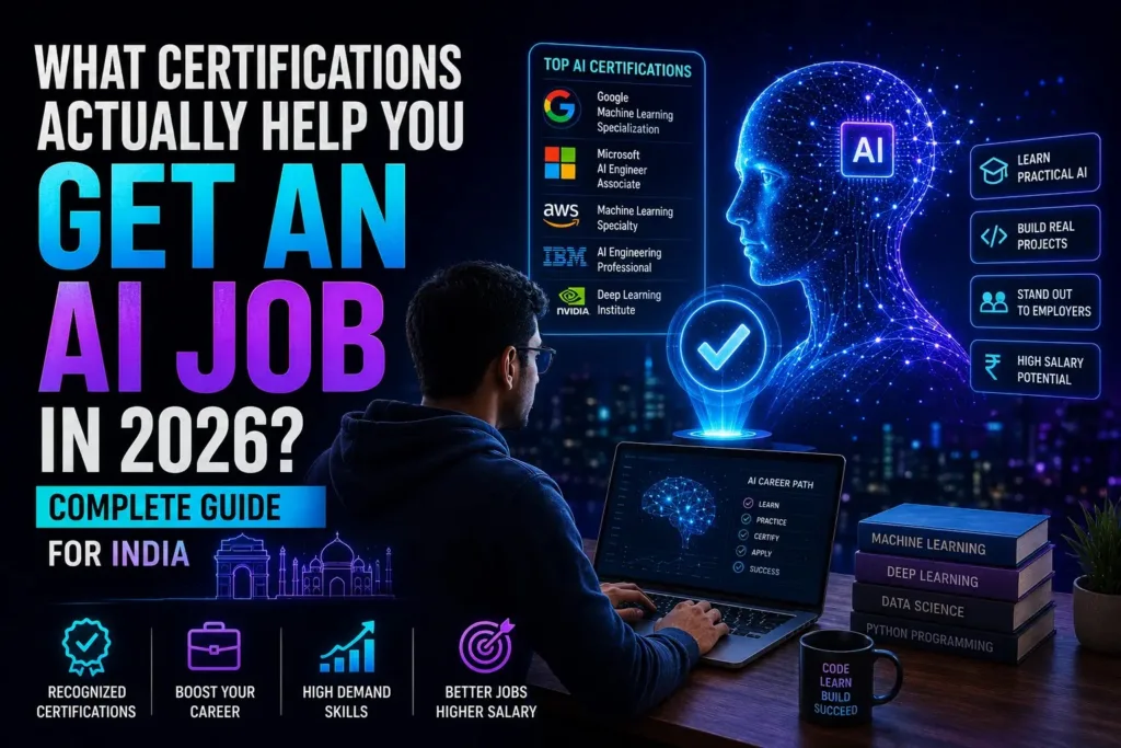 Professional certificates and badges representing the best AI certifications for jobs in India.