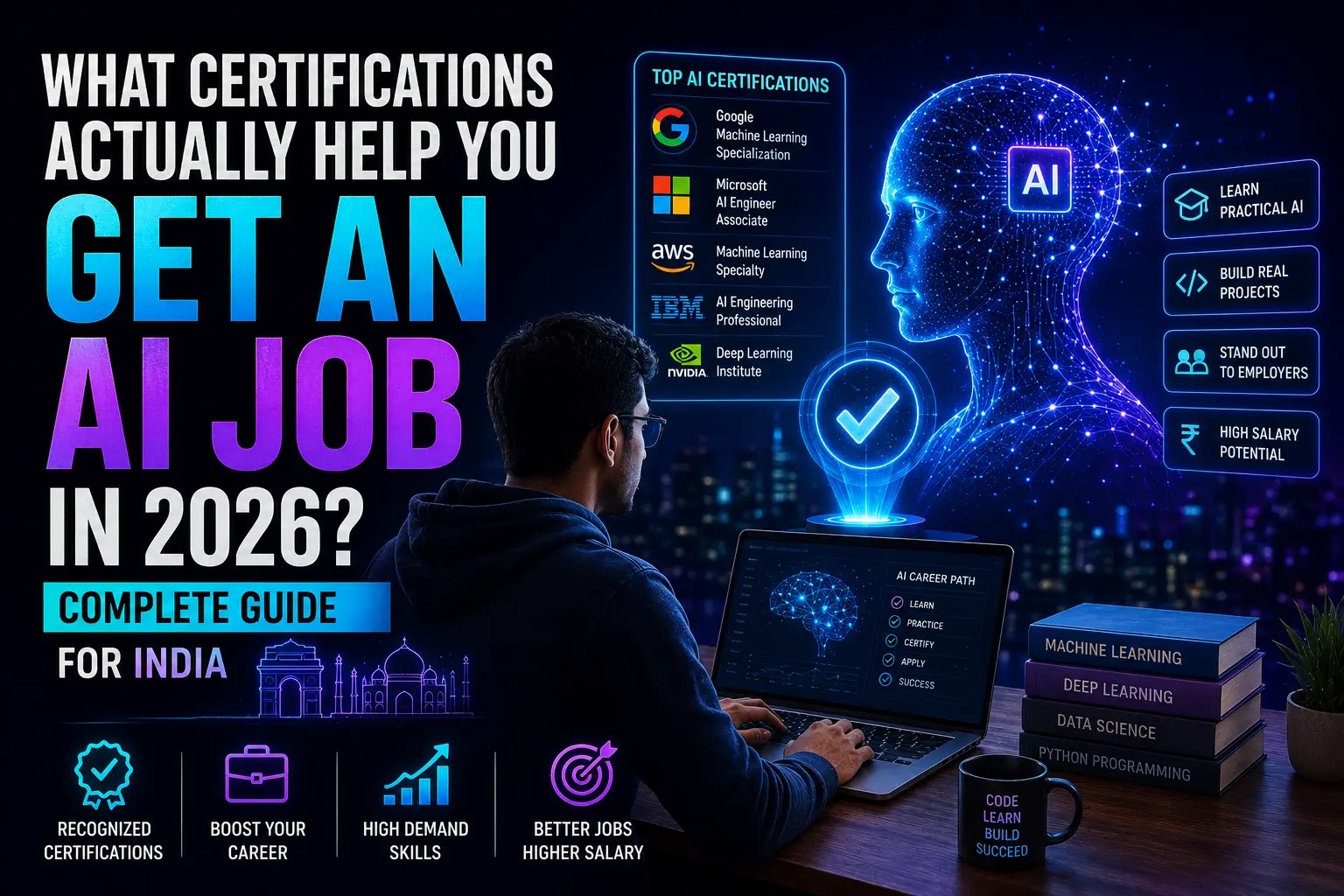 Professional certificates and badges representing the best AI certifications for jobs in India.