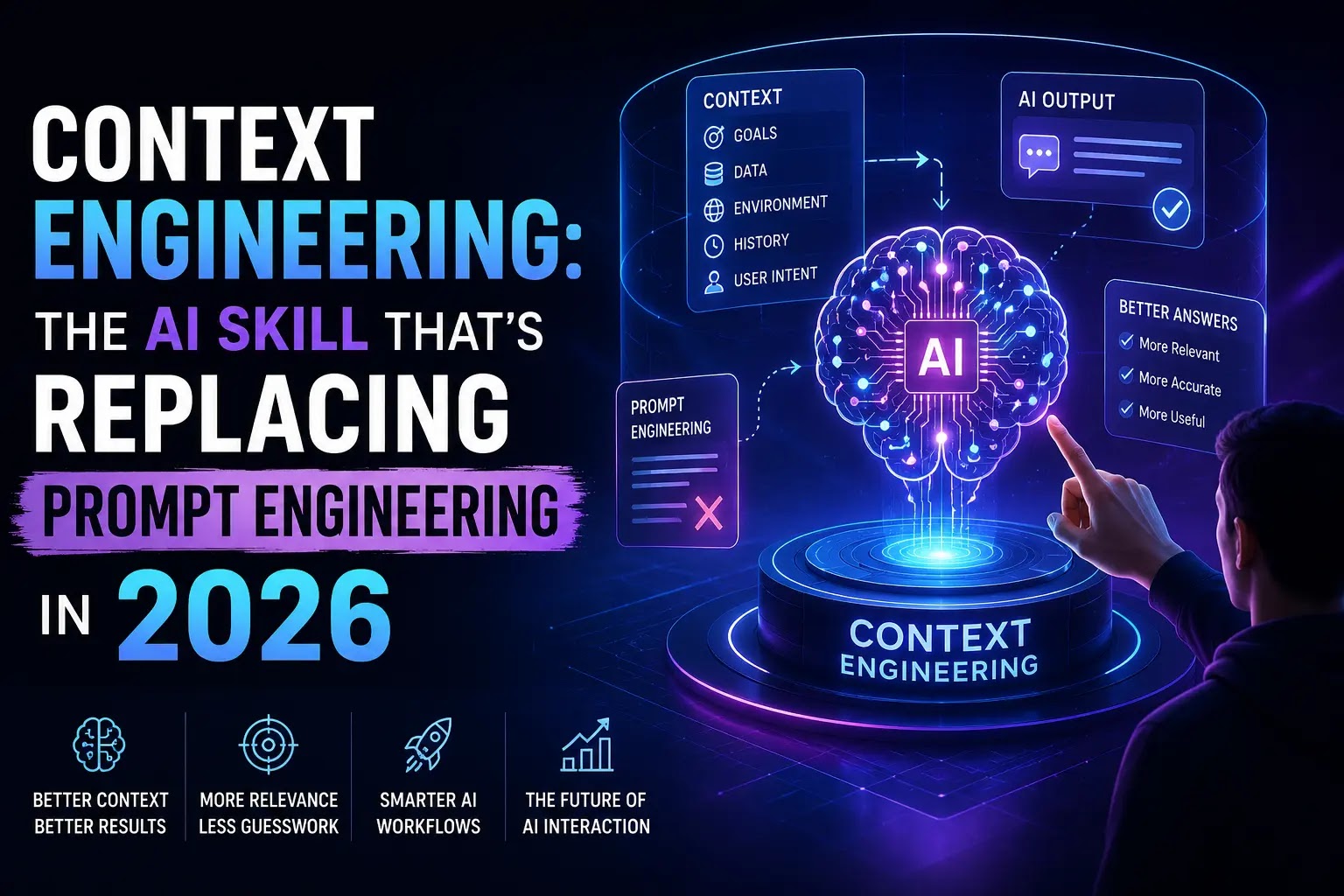Futuristic illustration showing Context Engineering replacing Prompt Engineering in 2026, with an AI brain, contextual workflow, and digital interface representing next-generation AI systems.