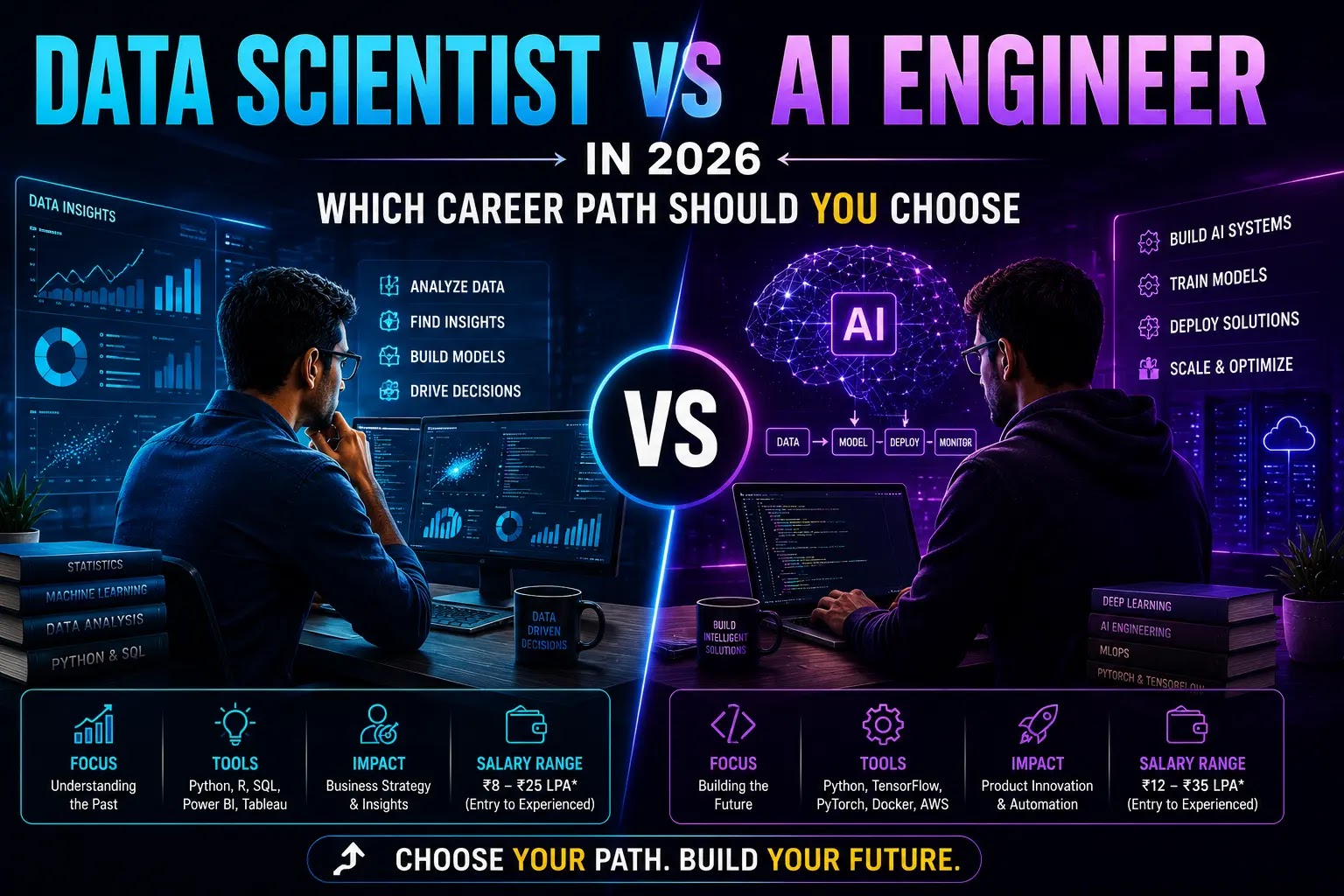 A comparison graphic balancing the career paths of a Data Scientist versus an AI Engineer.