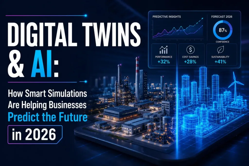 Digital Twins and AI simulation model interacting with predictive AI analytics.