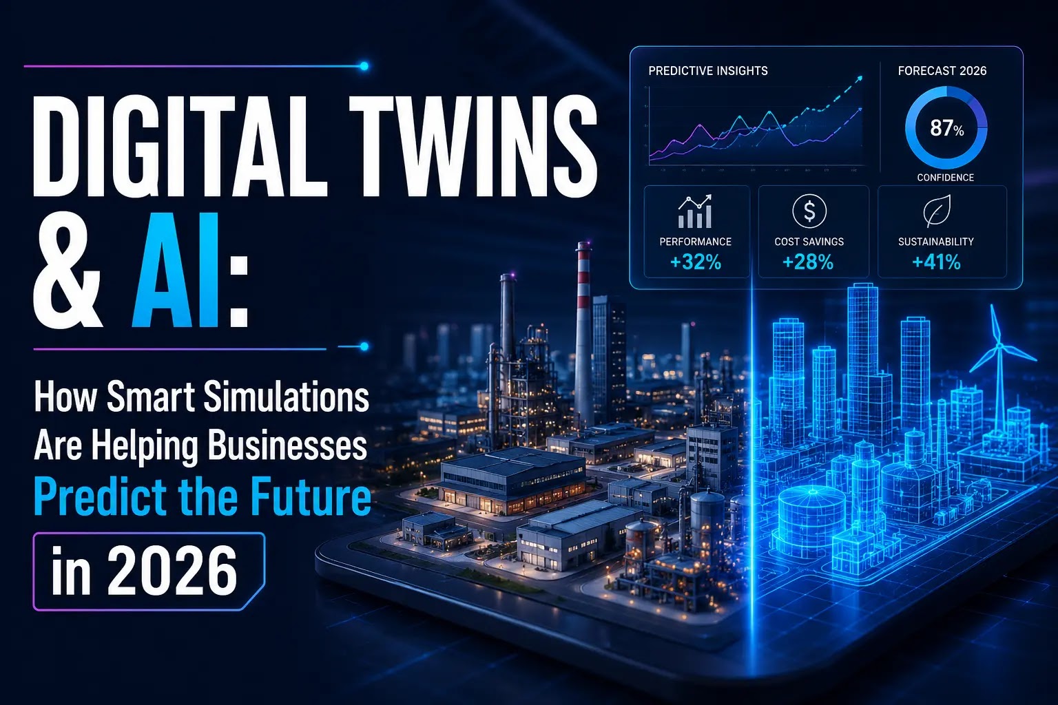 A futuristic digital twin simulation model interacting with predictive AI analytics.