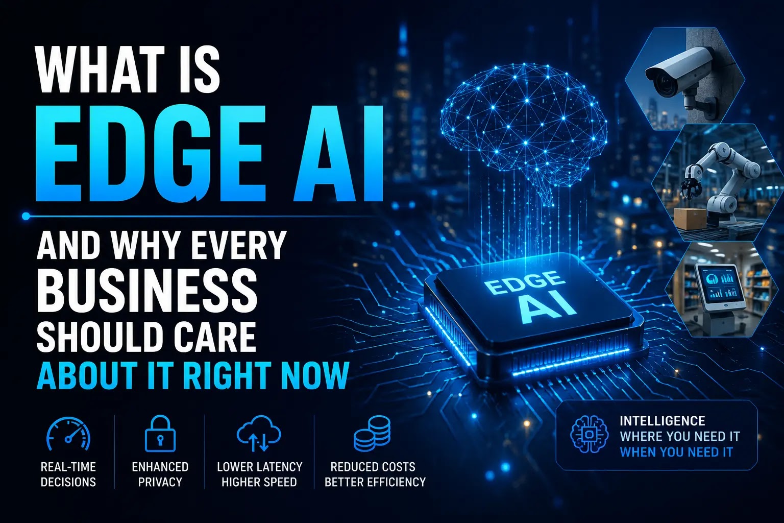 A microchip network processing data locally on local hardware, explaining Edge AI technology.