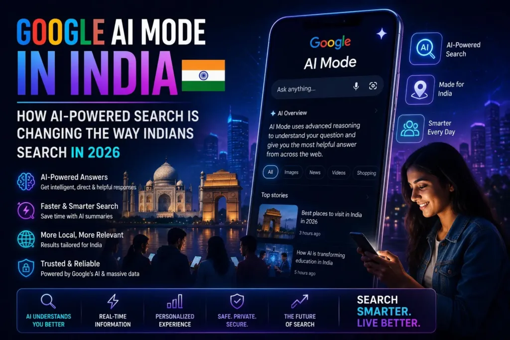 A smartphone displaying Google AI Mode transforming the search experience for users in India.