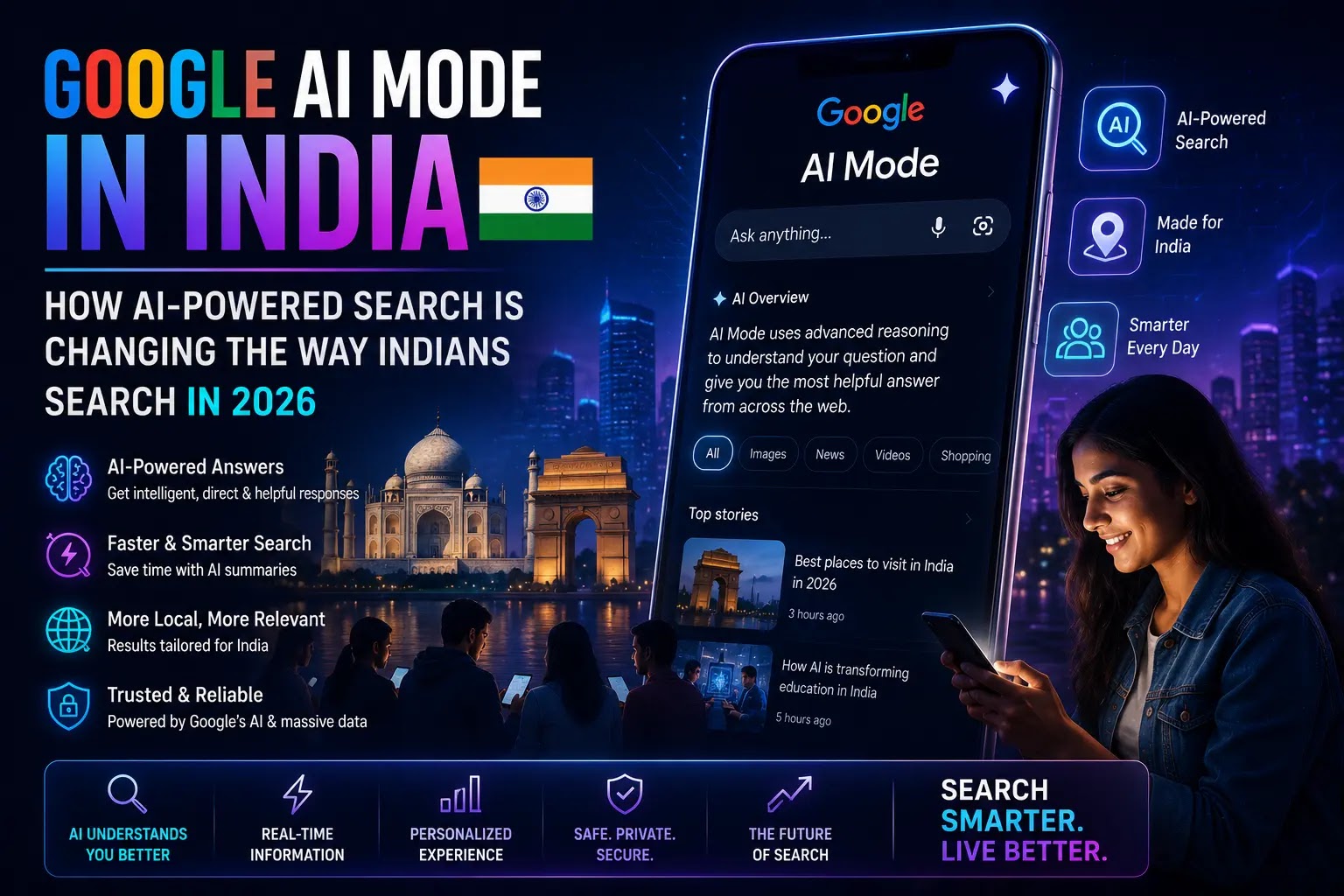 A smartphone displaying Google AI Mode transforming the search experience for users in India.