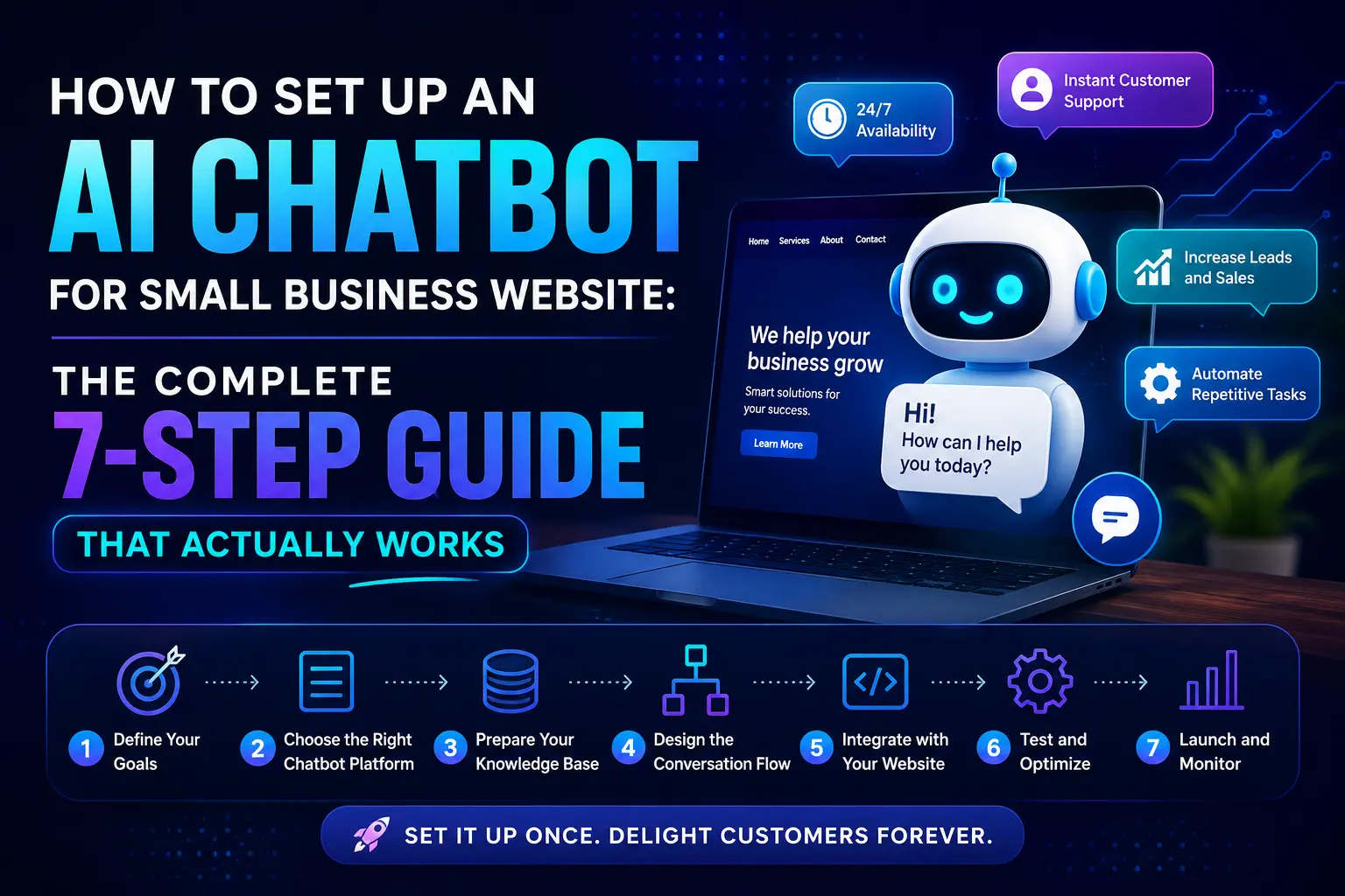 AI chatbot setup guide for small business websites showing a 7-step process to build, integrate, and launch an AI customer support chatbot in 2026.