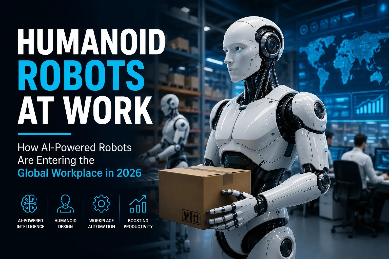 Advanced AI-powered humanoid robots collaborating smoothly with humans in a global corporate workplace.