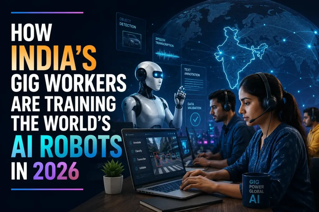 India's Gig Workers training global AI robots, representing the intersection of the gig economy and robotics.