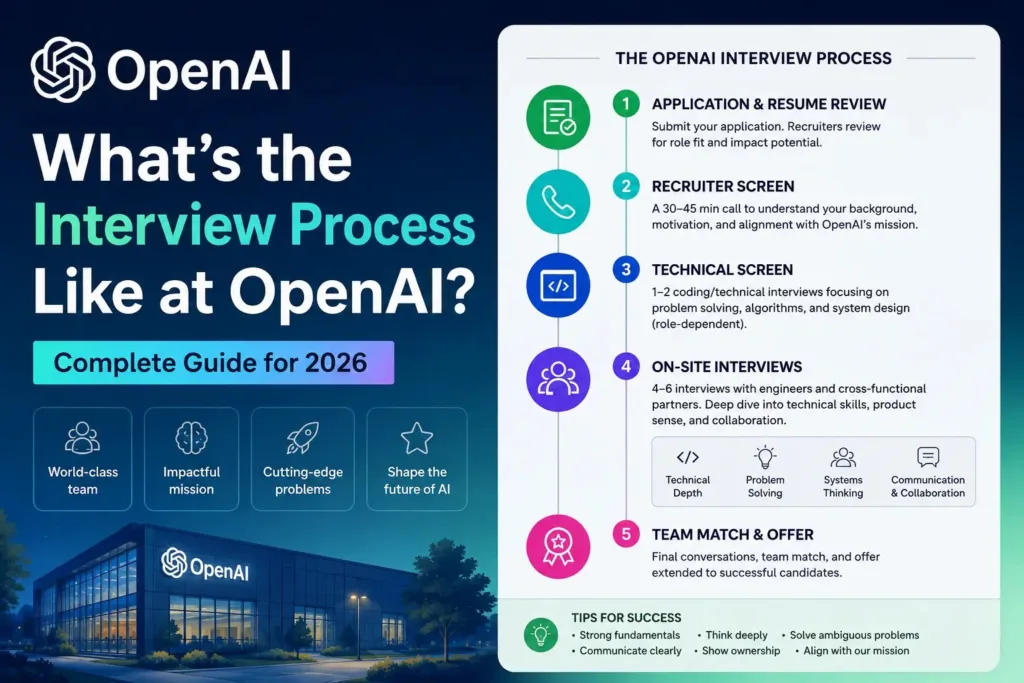 A structured breakdown graphic outlining the OpenAI Interview Process and hiring.