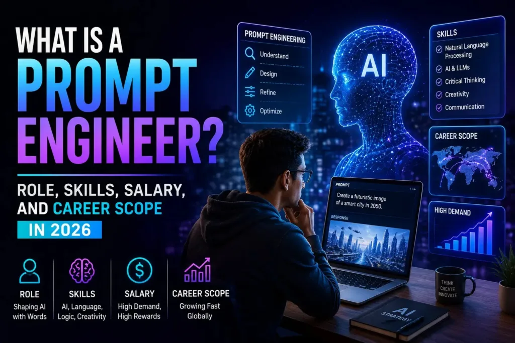 A professional designing detailed prompts, explaining the role and career scope of a Prompt Engineer.