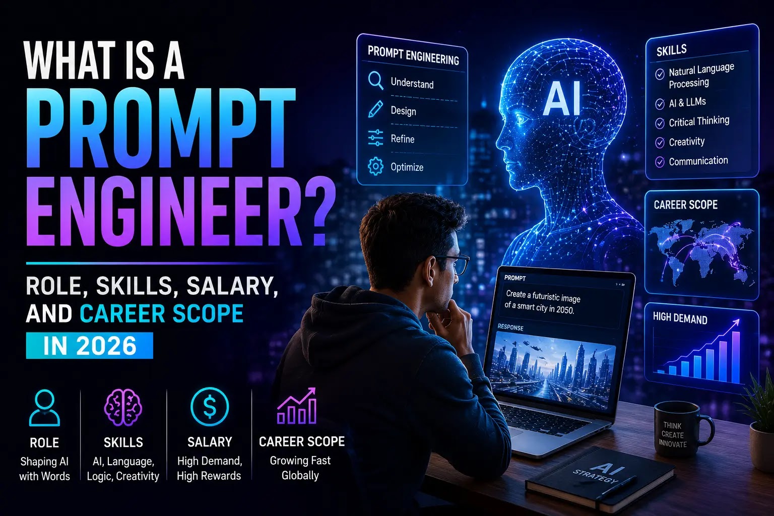 A professional designing detailed prompts, explaining the role and career scope of a Prompt Engineer.