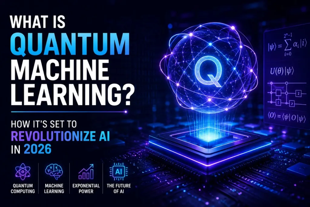 A complex quantum computing matrix intersecting with machine learning models.