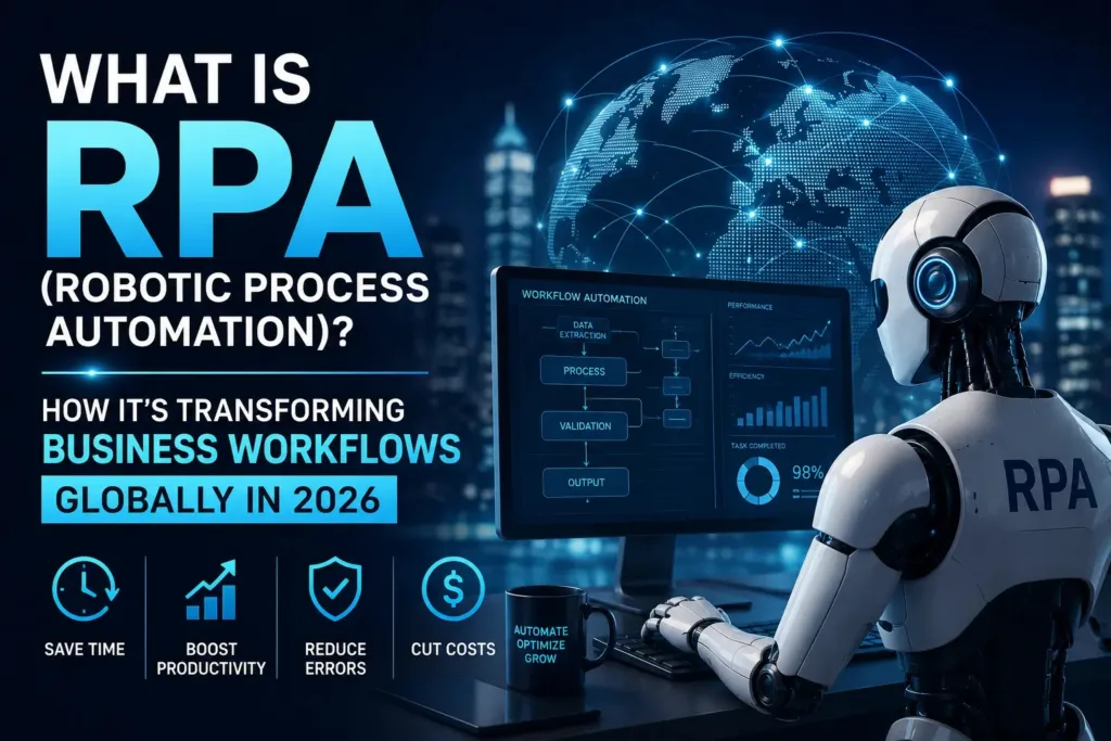 Automated software robots handling repetitive tasks, representing Robotic Process Automation (RPA)