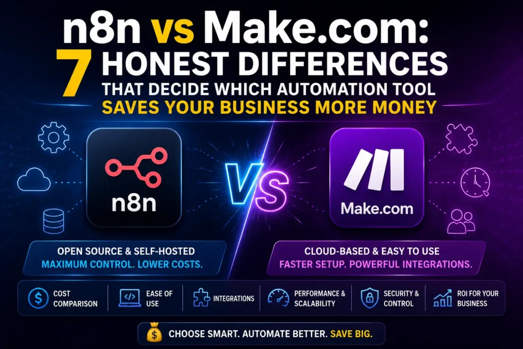 Comparison of n8n vs Make.com automation tools highlighting seven key differences in cost, features, integrations, and business automation benefits.
