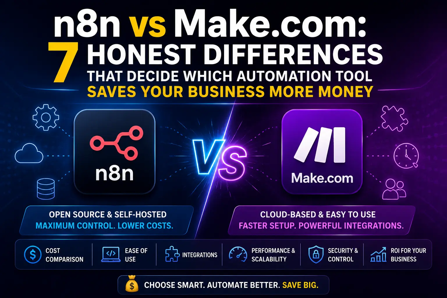 Comparison of n8n vs Make.com automation tools highlighting seven key differences in cost, features, integrations, and business automation benefits.