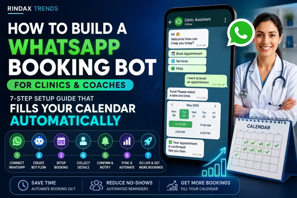 WhatsApp booking bot setup for clinics and coaches showing automated appointment scheduling, chatbot workflow, and calendar booking system.